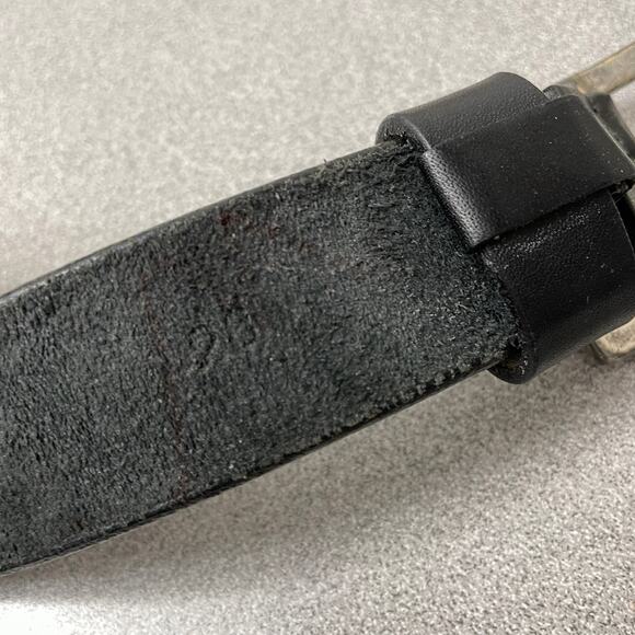 J Crew Leather Belt Mens 28 Black Silver Buckle Embossed Logo Preppy Classic * - Picture 7 of 11